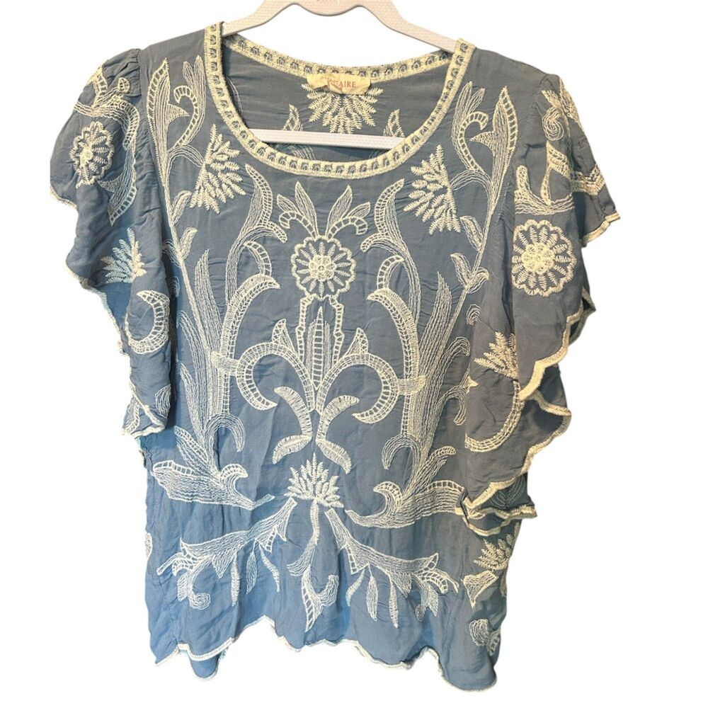 Solitaire blue flutter sleeve top w/ embroidery peasant blouse